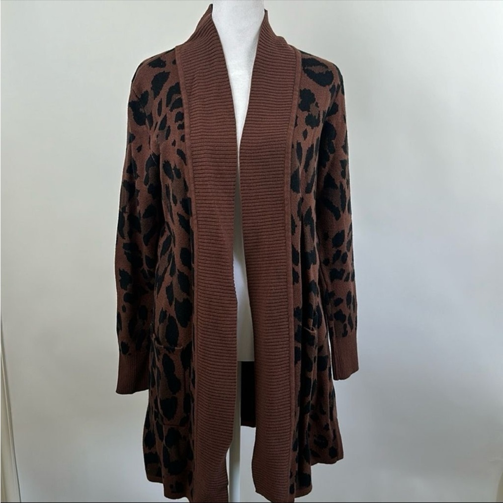 Isaac Mizrahi Lacquard Elbow Sleeve Sweater and Open Cardigan Leopard XS